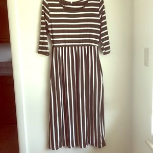 Green and white striped midi dress with pockets